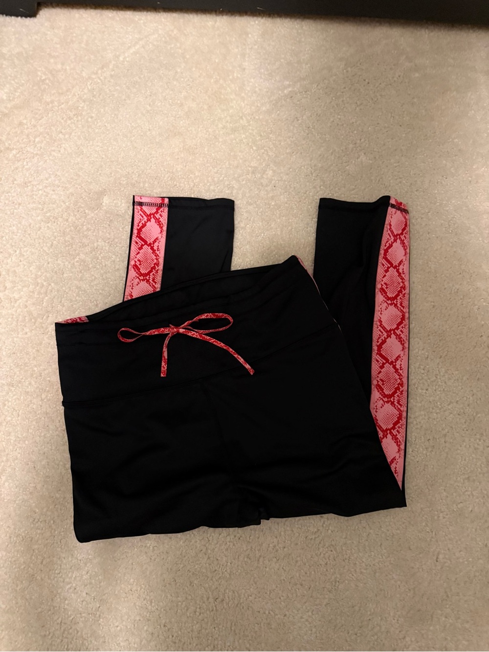 Fabletics Black Leggings with Pink Snake-Print Side Panels